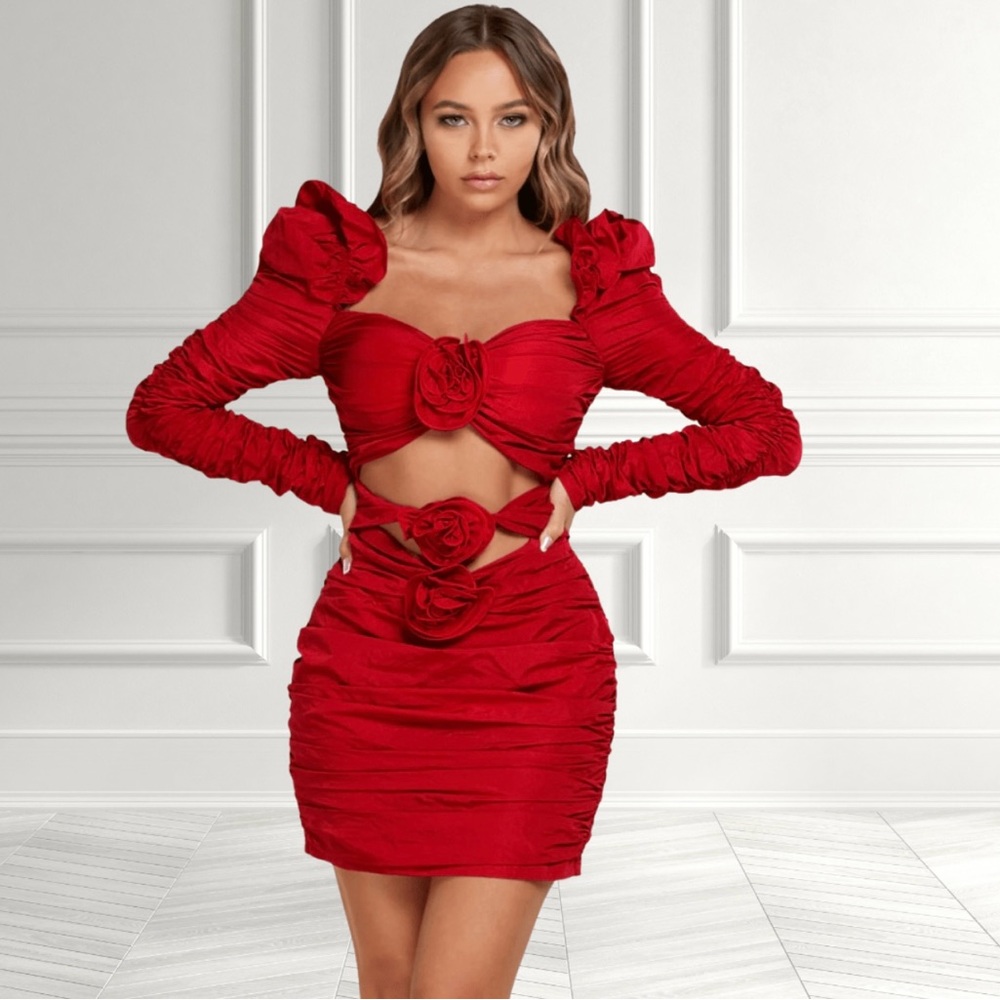 Ravishing Red Ruched Mini Dress with Statement Rose Accents